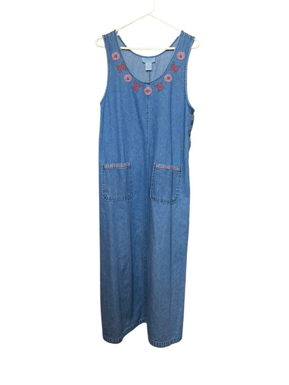 Jane Ashley Vintage Embroidered Denim Maxi Jumper Dress 100% Cotton L